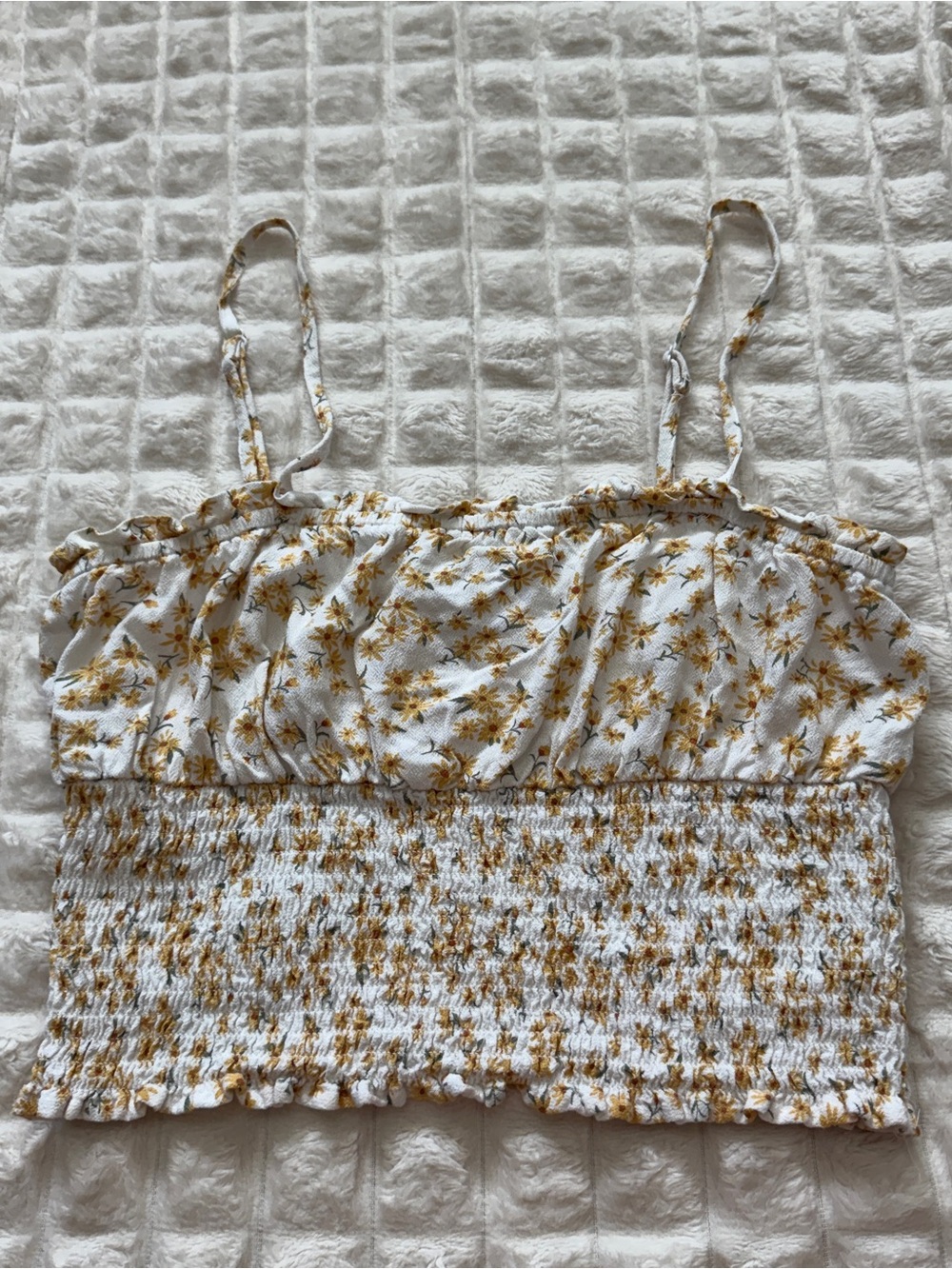 American Eagle XS Yellow Floral Smocked Cropped Cami Tank Top ~ Boho Peasant